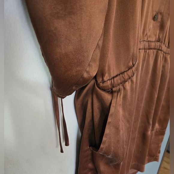 Ann Taylor 100% Silk Shirt Dress Brown Women's Size 8 With 3/4 Cinched Sleeves - Picture 3 of 8